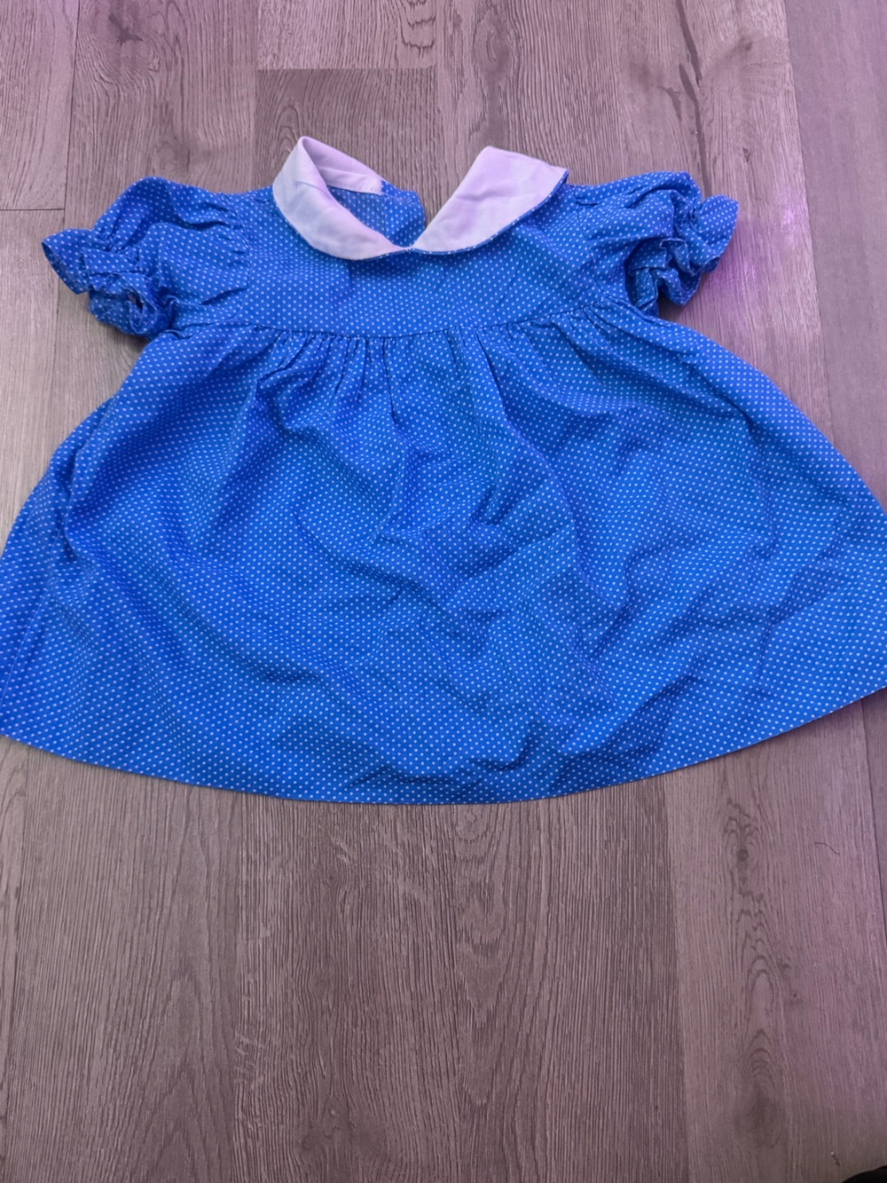 Vintage Blue Polka Dot Kids Dress with White Collar